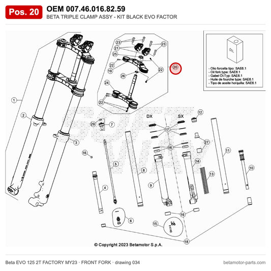 BETA TRIPLE CLAMP ASSY - KIT BLACK EVO FACTOR – OEM 007.46.016.82.59, position 20 on the Beta EVO 125 2T FACTORY MY23 front fork drawing