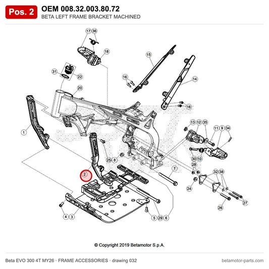 BETA LEFT FRAME BRACKET MACHINED – OEM 008.32.003.80.72, position 2 on the Beta EVO 300 4T MY26 frame accessories drawing