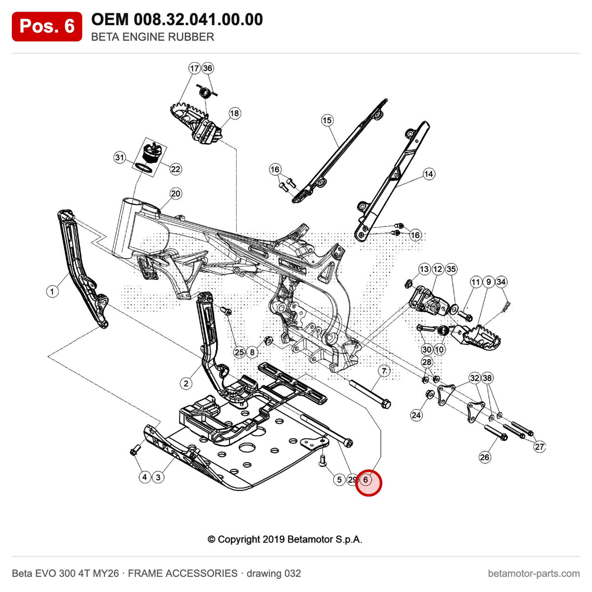 BETA ENGINE RUBBER – OEM 008.32.041.00.00, position 6 on the Beta EVO 300 4T MY26 frame accessories drawing