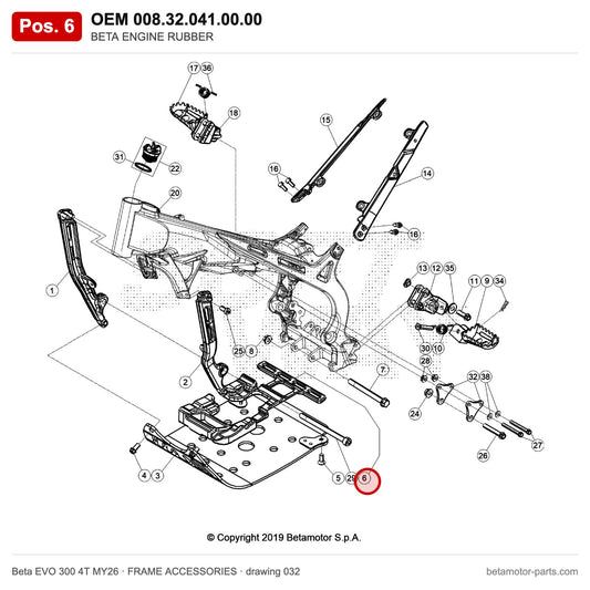 BETA ENGINE RUBBER – OEM 008.32.041.00.00, position 6 on the Beta EVO 300 4T MY26 frame accessories drawing