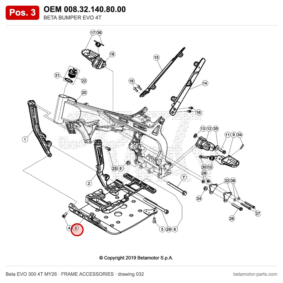 BETA BUMPER EVO 4T – OEM 008.32.140.80.00, position 3 on the Beta EVO 300 4T MY26 frame accessories drawing