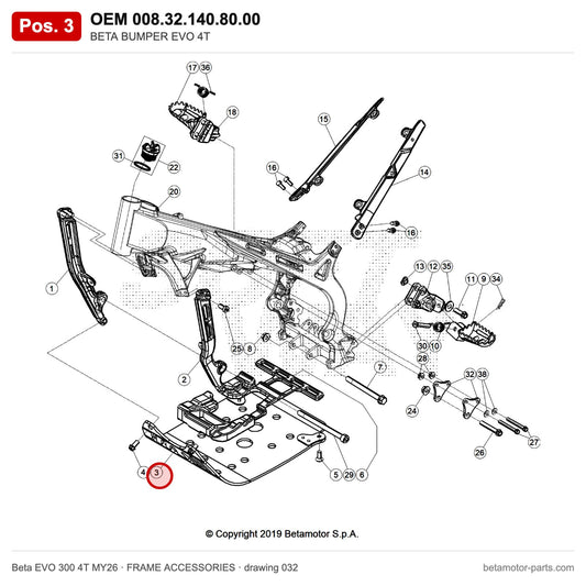 BETA BUMPER EVO 4T – OEM 008.32.140.80.00, position 3 on the Beta EVO 300 4T MY26 frame accessories drawing