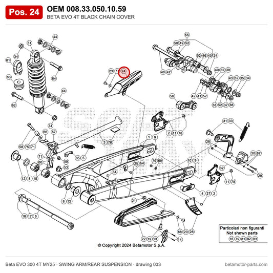 BETA EVO 4T BLACK CHAIN COVER – OEM 008.33.050.10.59, position 24 on the Beta EVO 300 4T MY25 swing arm/rear suspension drawing