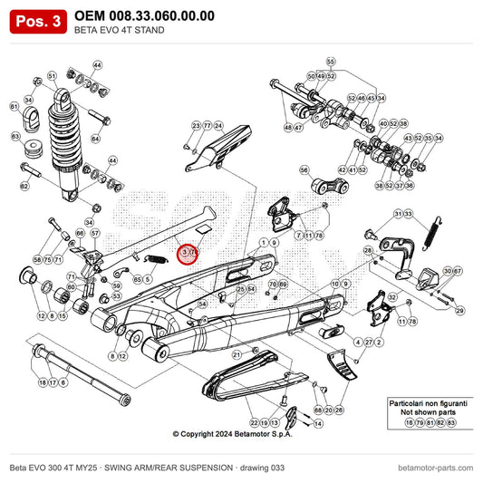 BETA EVO 4T STAND – OEM 008.33.060.00.00, position 3 on the Beta EVO 300 4T MY25 swing arm/rear suspension drawing