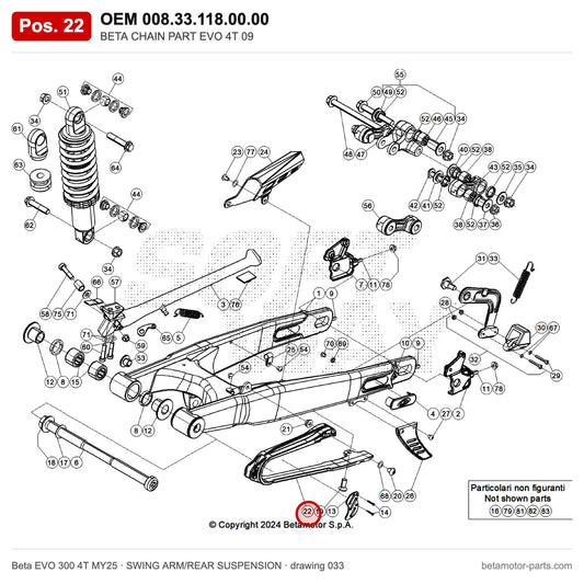 BETA CHAIN PART EVO 4T 09 – OEM 008.33.118.00.00, position 22 on the Beta EVO 300 4T MY25 swing arm/rear suspension drawing