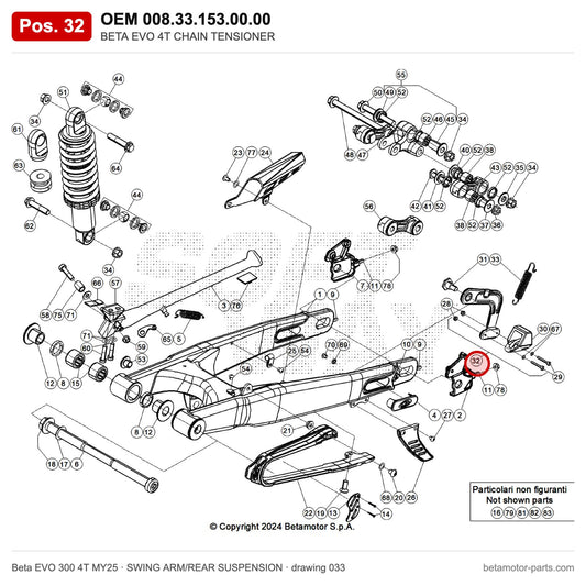 BETA EVO 4T CHAIN TENSIONER – OEM 008.33.153.00.00, position 32 on the Beta EVO 300 4T MY25 swing arm/rear suspension drawing