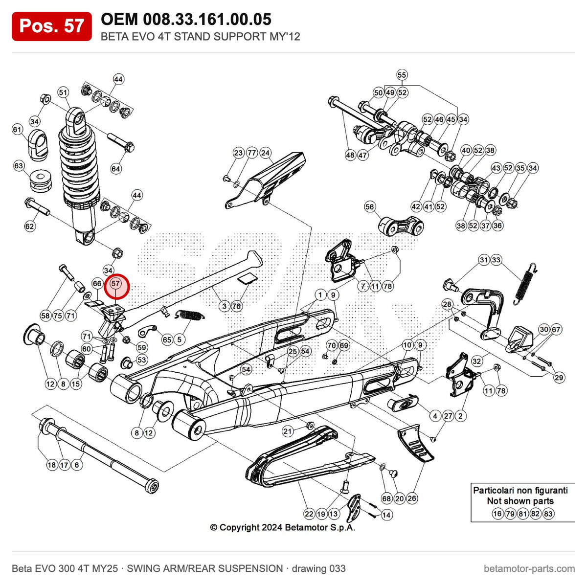 BETA EVO 4T STAND SUPPORT MY'12 – OEM 008.33.161.00.05, position 57 on the Beta EVO 300 4T MY25 swing arm/rear suspension drawing