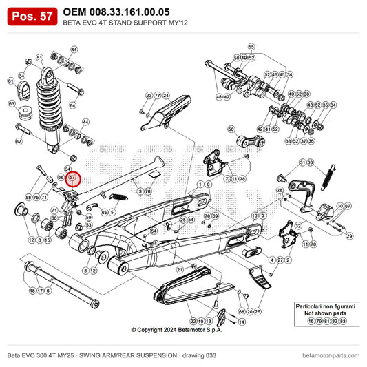 BETA EVO 4T STAND SUPPORT MY'12 – OEM 008.33.161.00.05, position 57 on the Beta EVO 300 4T MY25 swing arm/rear suspension drawing
