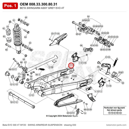 BETA SWINGARM ASSY GREY EVO 4T – OEM 008.33.300.80.31, position 1 on the Beta EVO 300 4T MY25 swing arm/rear suspension drawing