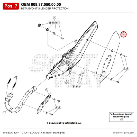 BETA EVO 4T SILENCER PROTECTION – OEM 008.37.050.00.00, position 7 on the Beta EVO 300 4T MY26 exhaust system drawing