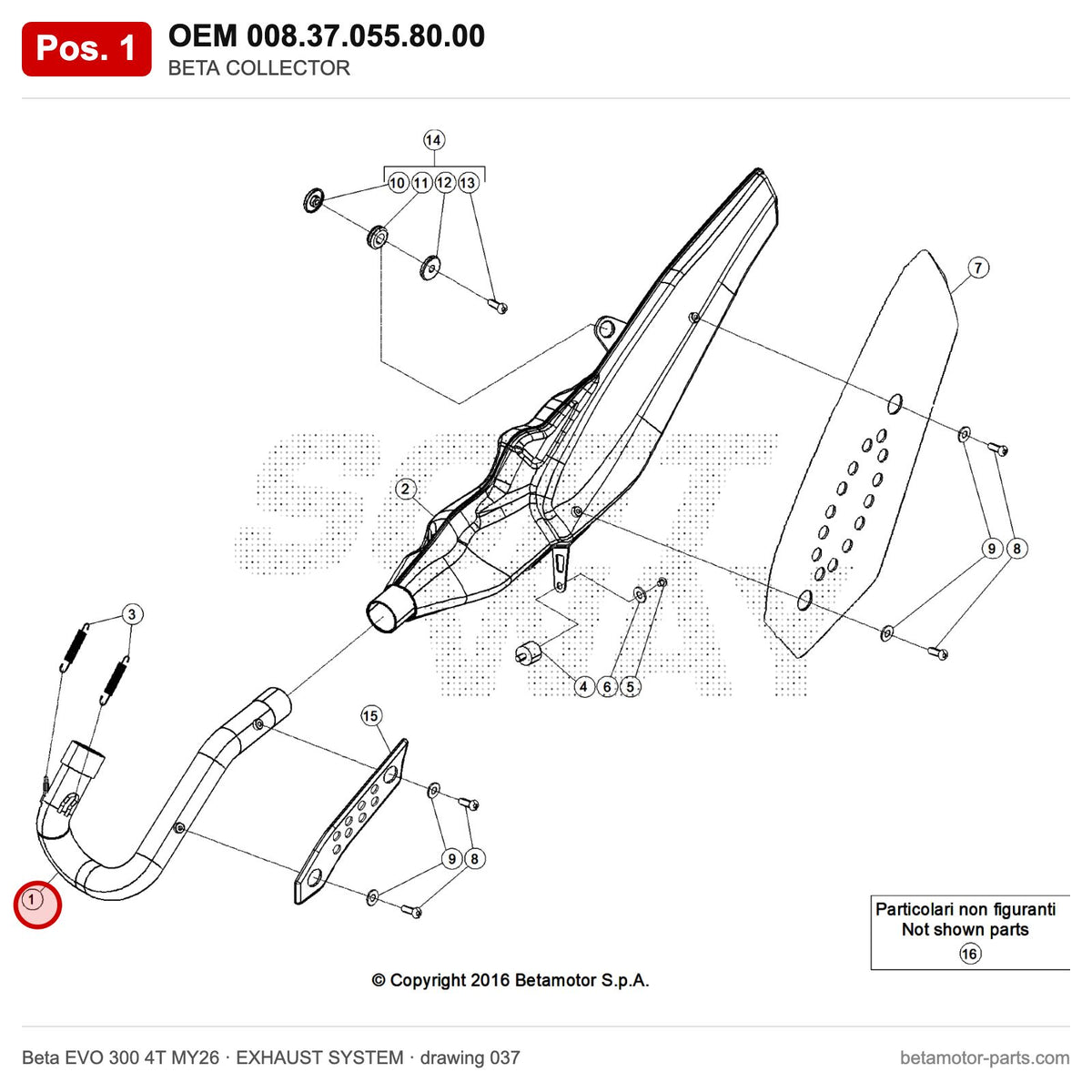 BETA COLLECTOR – OEM 008.37.055.80.00, position 1 on the Beta EVO 300 4T MY26 exhaust system drawing