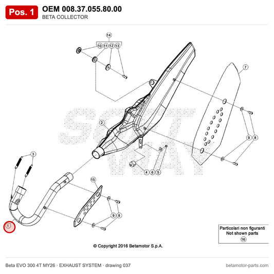 BETA COLLECTOR – OEM 008.37.055.80.00, position 1 on the Beta EVO 300 4T MY26 exhaust system drawing