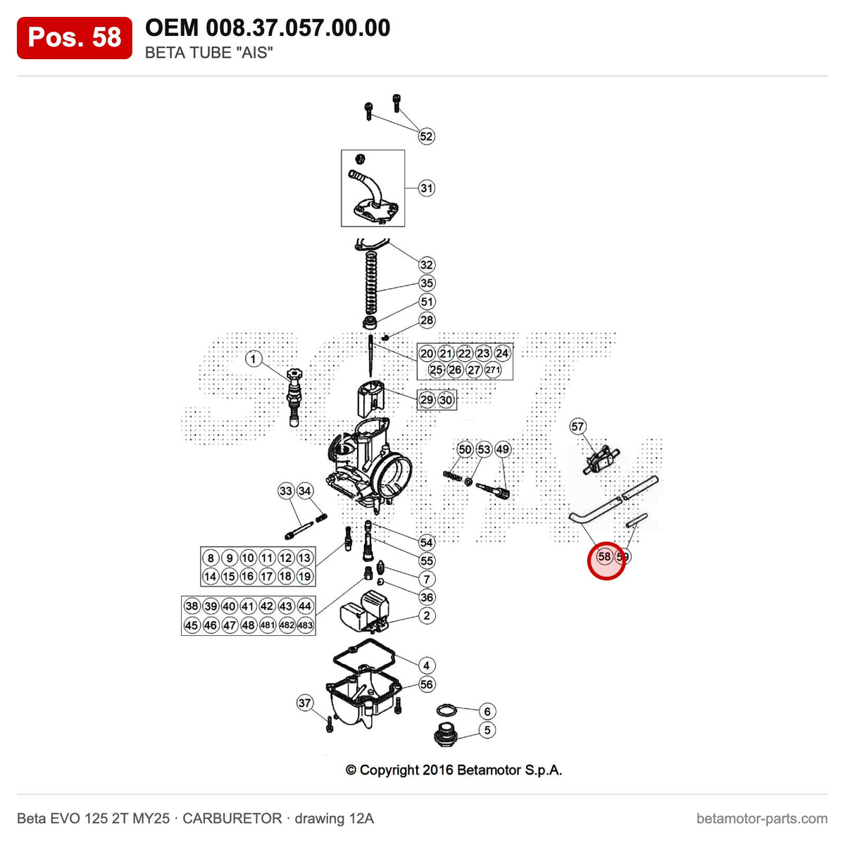 BETA TUBE "AIS" – OEM 008.37.057.00.00, position 58 on the Beta EVO 125 2T MY25 carburetor drawing