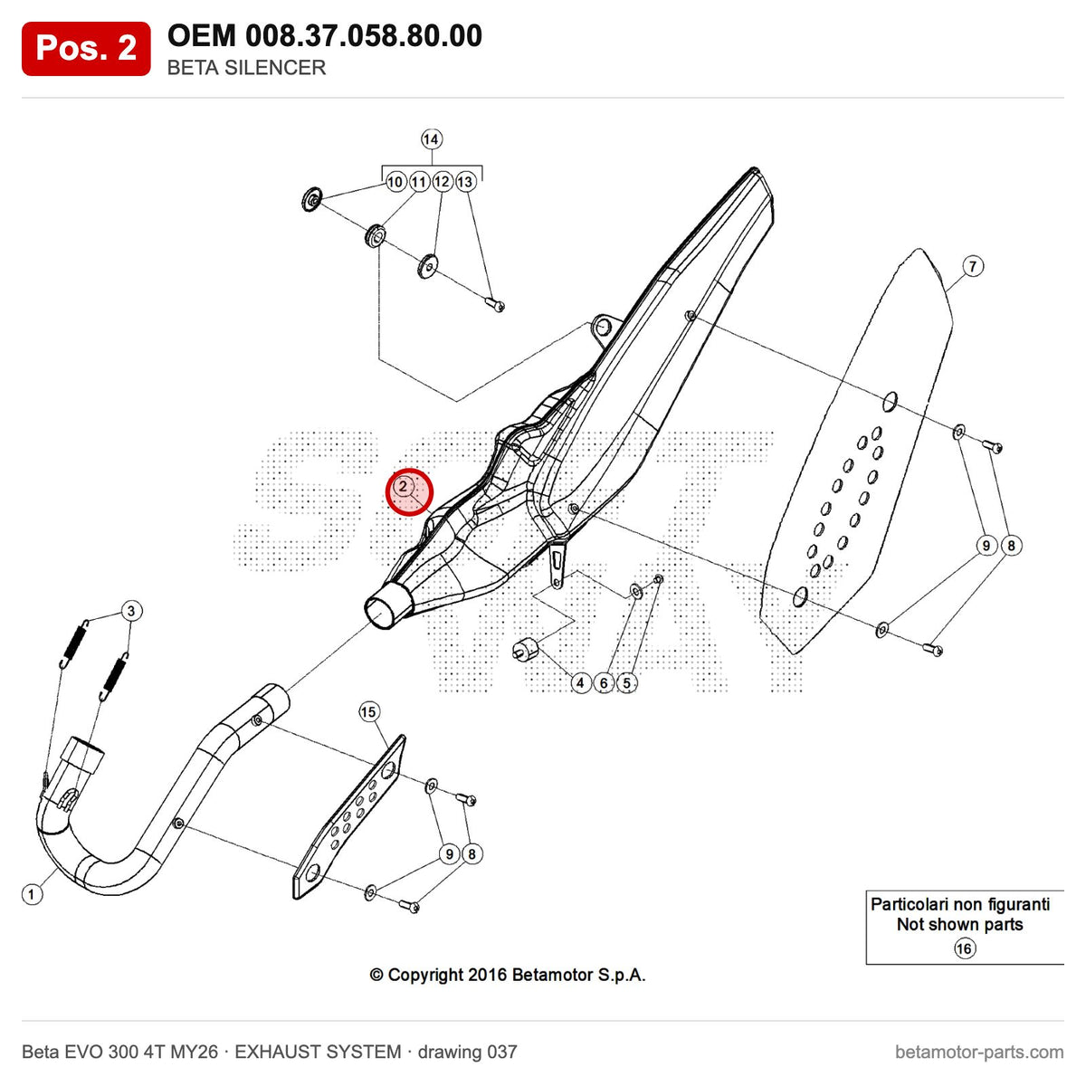 BETA SILENCER – OEM 008.37.058.80.00, position 2 on the Beta EVO 300 4T MY26 exhaust system drawing