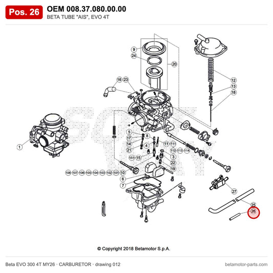 BETA TUBE "AIS", EVO 4T – OEM 008.37.080.00.00, position 26 on the Beta EVO 300 4T MY26 carburetor drawing