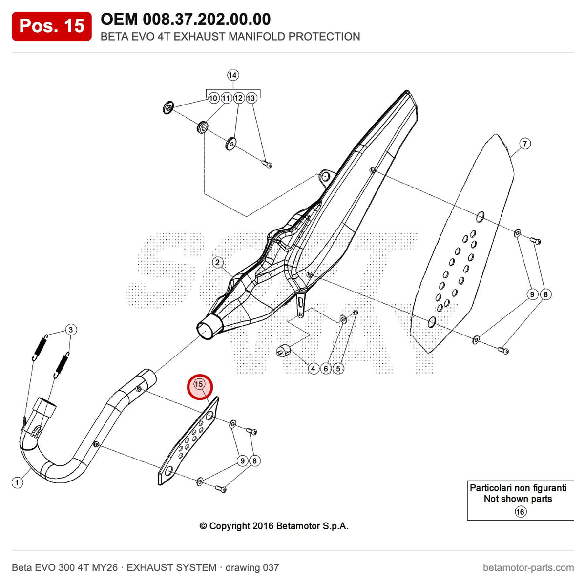 BETA EVO 4T EXHAUST MANIFOLD PROTECTION – OEM 008.37.202.00.00, position 15 on the Beta EVO 300 4T MY26 exhaust system drawing