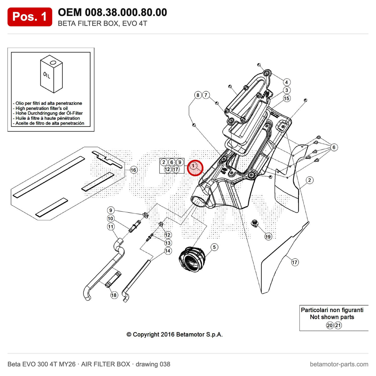 BETA FILTER BOX, EVO 4T – OEM 008.38.000.80.00, position 1 on the Beta EVO 300 4T MY26 air filter box drawing
