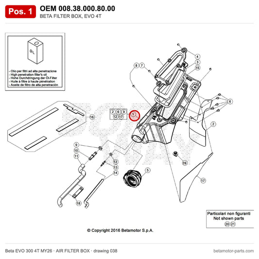 BETA FILTER BOX, EVO 4T – OEM 008.38.000.80.00, position 1 on the Beta EVO 300 4T MY26 air filter box drawing