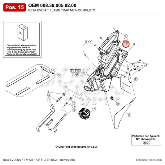 BETA EVO 4 T FLAME TRAP NET- COMPLETO – OEM 008.38.005.82.00, position 15 on the Beta EVO 300 4T MY26 air filter box drawing