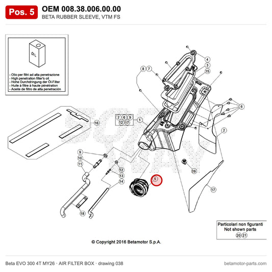 BETA RUBBER SLEEVE, VTM FS – OEM 008.38.006.00.00, position 5 on the Beta EVO 300 4T MY26 air filter box drawing
