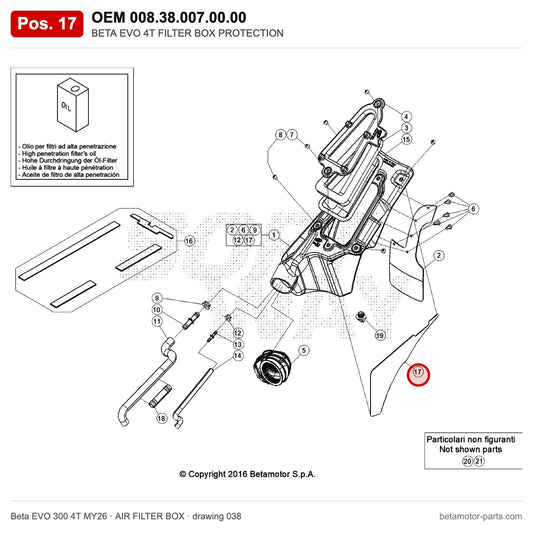BETA EVO 4T FILTER BOX PROTECTION – OEM 008.38.007.00.00, position 17 on the Beta EVO 300 4T MY26 air filter box drawing