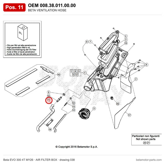 BETA VENTILATION HOSE – OEM 008.38.011.00.00, position 11 on the Beta EVO 300 4T MY26 air filter box drawing