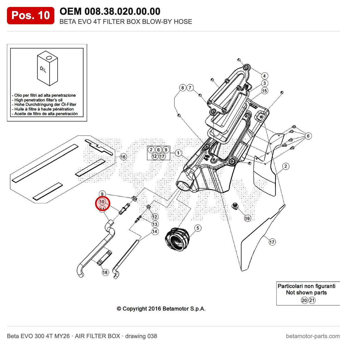 BETA EVO 4T FILTER BOX BLOW-BY HOSE – OEM 008.38.020.00.00, position 10 on the Beta EVO 300 4T MY26 air filter box drawing