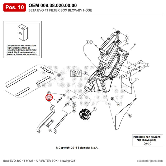 BETA EVO 4T FILTER BOX BLOW-BY HOSE – OEM 008.38.020.00.00, position 10 on the Beta EVO 300 4T MY26 air filter box drawing