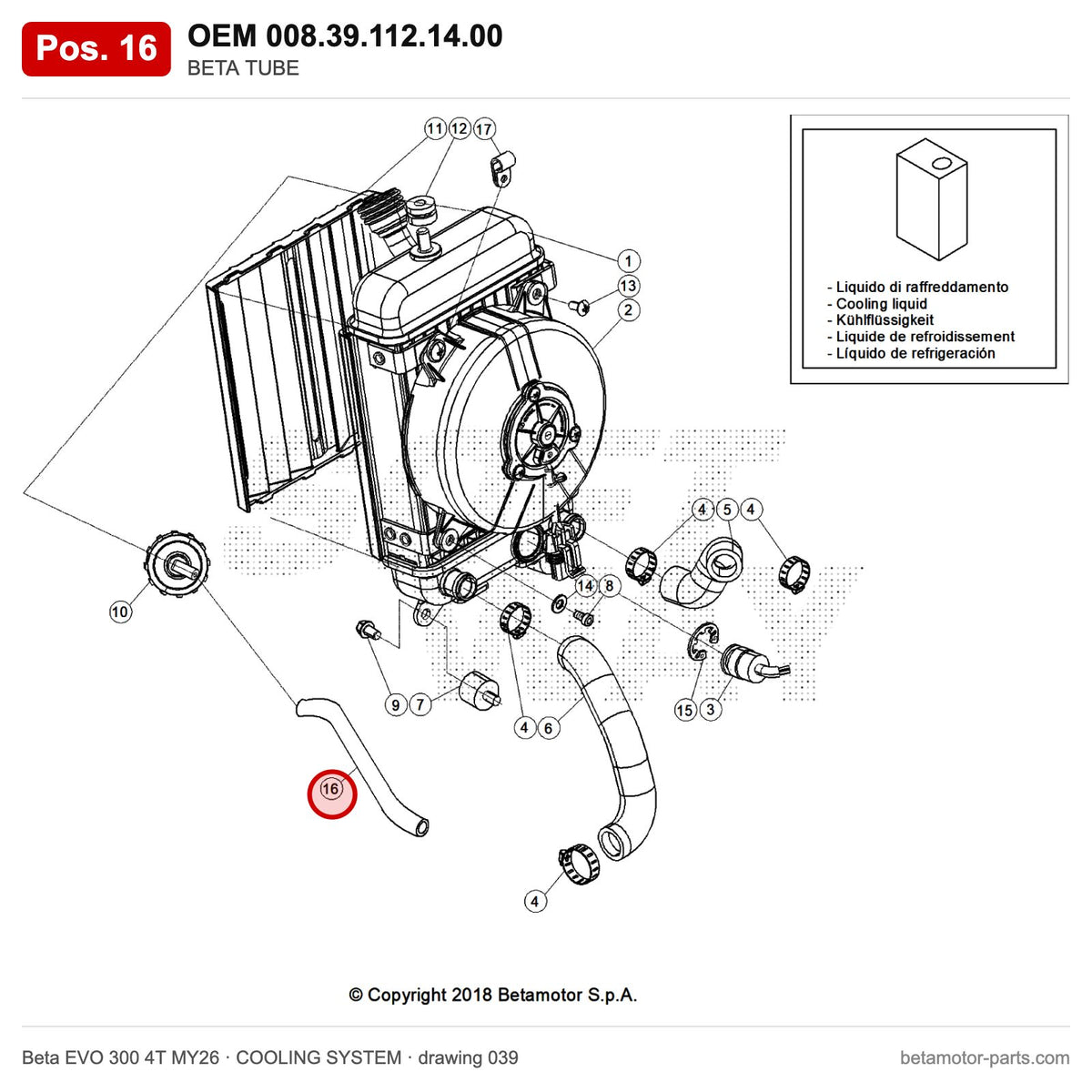 BETA TUBE – OEM 008.39.112.14.00, position 16 on the Beta EVO 300 4T MY26 cooling system drawing