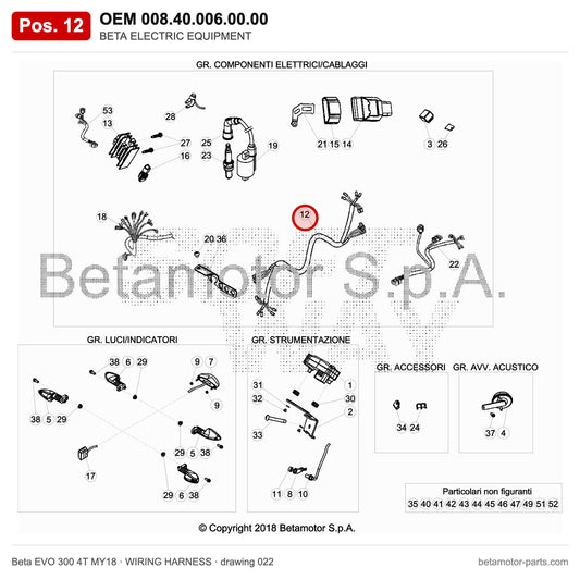 BETA ELECTRIC EQUIPMENT – OEM 008.40.006.00.00, position 12 on the Beta EVO 300 4T MY18 wiring harness drawing