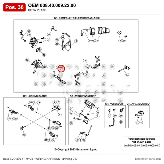 BETA PLATE – OEM 008.40.009.22.00, position 36 on the Beta EVO 300 4T MY25 wiring harness drawing