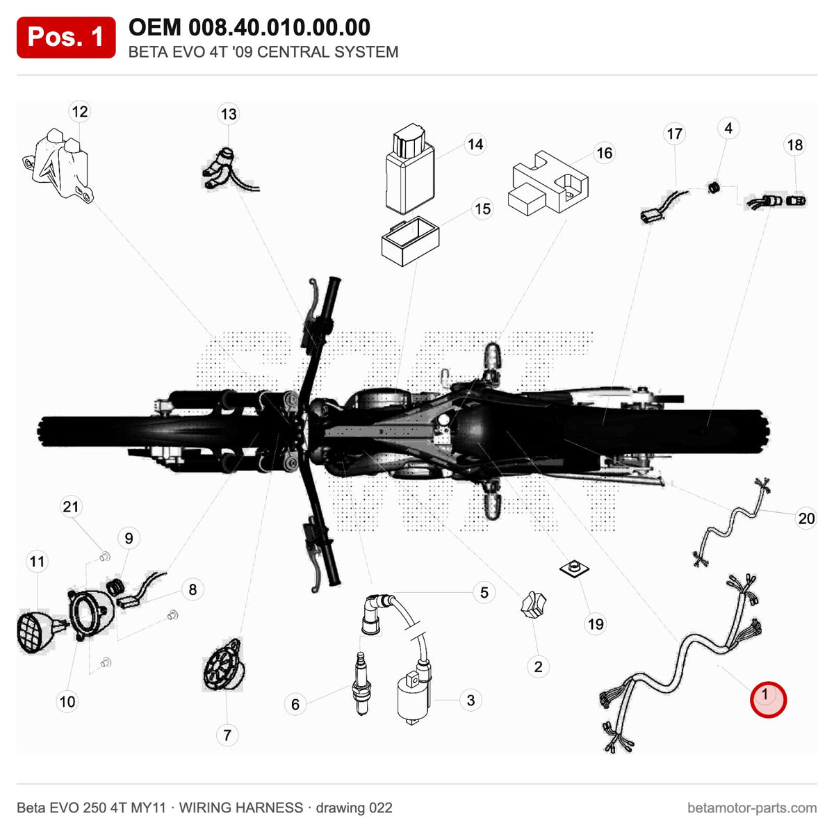 BETA EVO 4T '09 CENTRAL SYSTEM – OEM 008.40.010.00.00, position 1 on the Beta EVO 250 4T MY11 wiring harness drawing