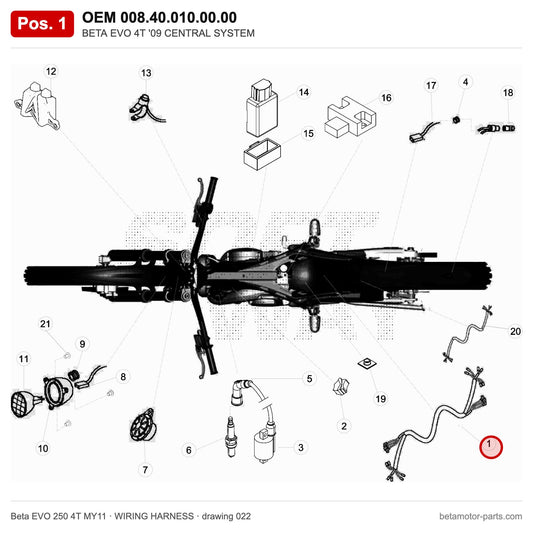 BETA EVO 4T '09 CENTRAL SYSTEM – OEM 008.40.010.00.00, position 1 on the Beta EVO 250 4T MY11 wiring harness drawing