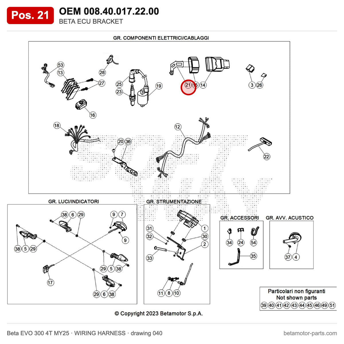 BETA ECU BRACKET – OEM 008.40.017.22.00, position 21 on the Beta EVO 300 4T MY25 wiring harness drawing