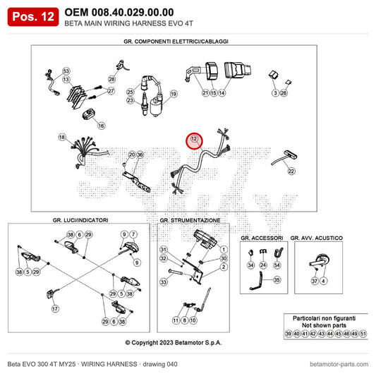 BETA MAIN WIRING HARNESS EVO 4T – OEM 008.40.029.00.00, position 12 on the Beta EVO 300 4T MY25 wiring harness drawing