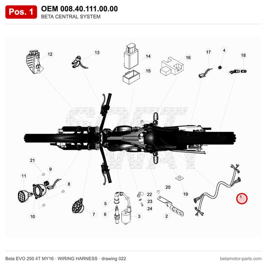BETA CENTRAL SYSTEM – OEM 008.40.111.00.00, position 1 on the Beta EVO 250 4T MY16 wiring harness drawing