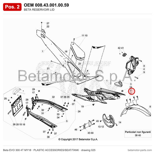 BETA RESERVOIR LID – OEM 008.43.001.00.59, position 2 on the Beta EVO 300 4T MY18 plastic accessories/seat/tank drawing
