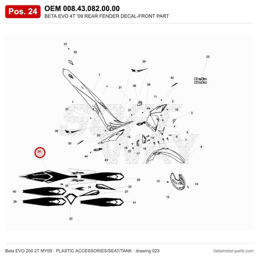 BETA EVO 4T '09 REAR FENDER DECAL-FRONT PART – OEM 008.43.082.00.00, position 24 on the Beta EVO 200 2T MY09 plastic accessories/seat/tank drawing