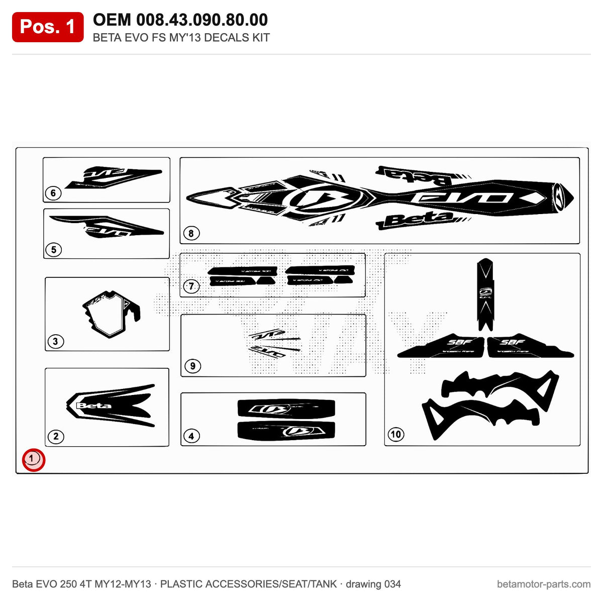 BETA EVO FS MY'13 DECALS KIT – OEM 008.43.090.80.00, position 1 on the Beta EVO 250 4T MY12-MY13 plastic accessories/seat/tank drawing