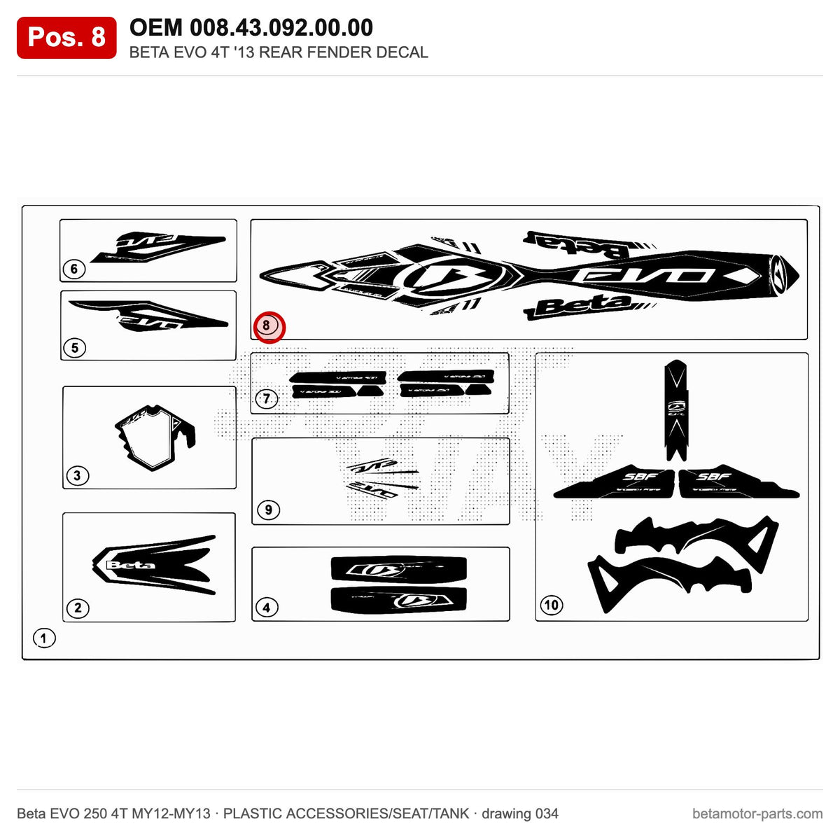 BETA EVO 4T '13 REAR FENDER DECAL – OEM 008.43.092.00.00, position 8 on the Beta EVO 250 4T MY12-MY13 plastic accessories/seat/tank drawing