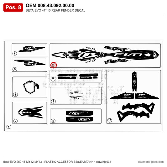 BETA EVO 4T '13 REAR FENDER DECAL – OEM 008.43.092.00.00, position 8 on the Beta EVO 250 4T MY12-MY13 plastic accessories/seat/tank drawing