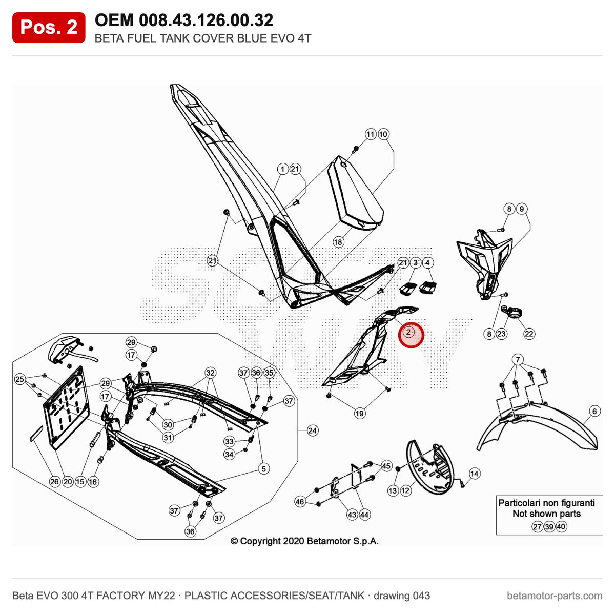 BETA FUEL TANK COVER BLUE EVO 4T – OEM 008.43.126.00.32, position 2 on the Beta EVO 300 4T FACTORY MY22 plastic accessories/seat/tank drawing