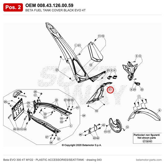 BETA FUEL TANK COVER BLACK EVO 4T – OEM 008.43.126.00.59, position 2 on the Beta EVO 300 4T MY22 plastic accessories/seat/tank drawing