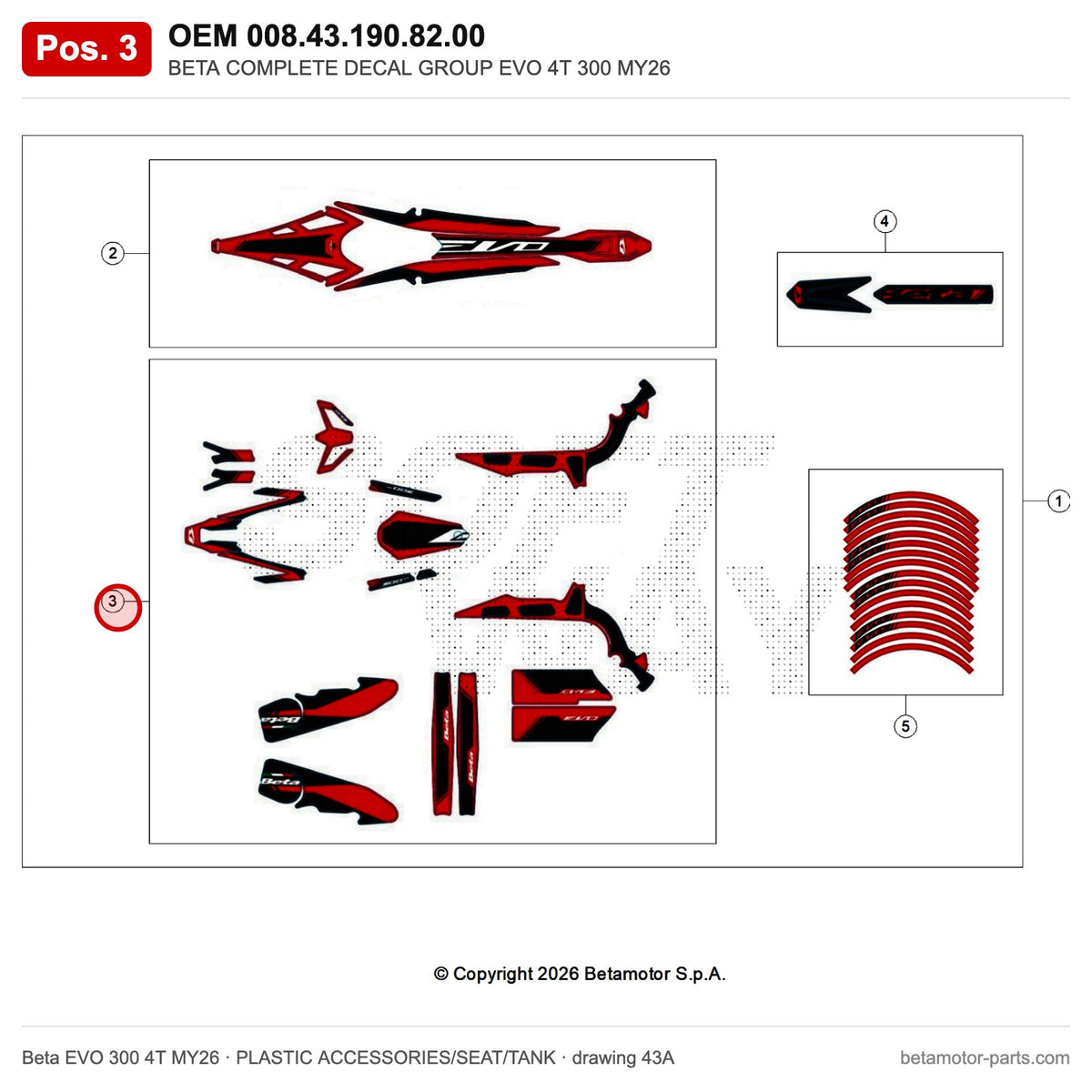 BETA COMPLETE DECAL GROUP EVO 4T 300 MY26 – OEM 008.43.190.82.00, position 3 on the Beta EVO 300 4T MY26 plastic accessories/seat/tank drawing