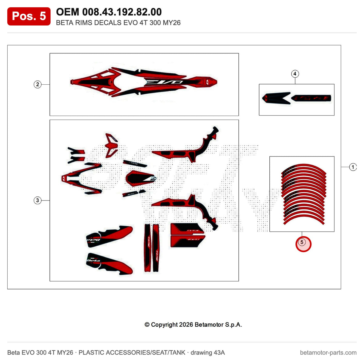 BETA RIMS DECALS EVO 4T 300 MY26 – OEM 008.43.192.82.00, position 5 on the Beta EVO 300 4T MY26 plastic accessories/seat/tank drawing