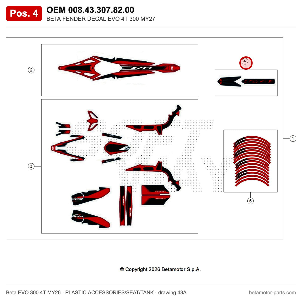 BETA FENDER DECAL EVO 4T 300 MY27 – OEM 008.43.307.82.00, position 4 on the Beta EVO 300 4T MY26 plastic accessories/seat/tank drawing
