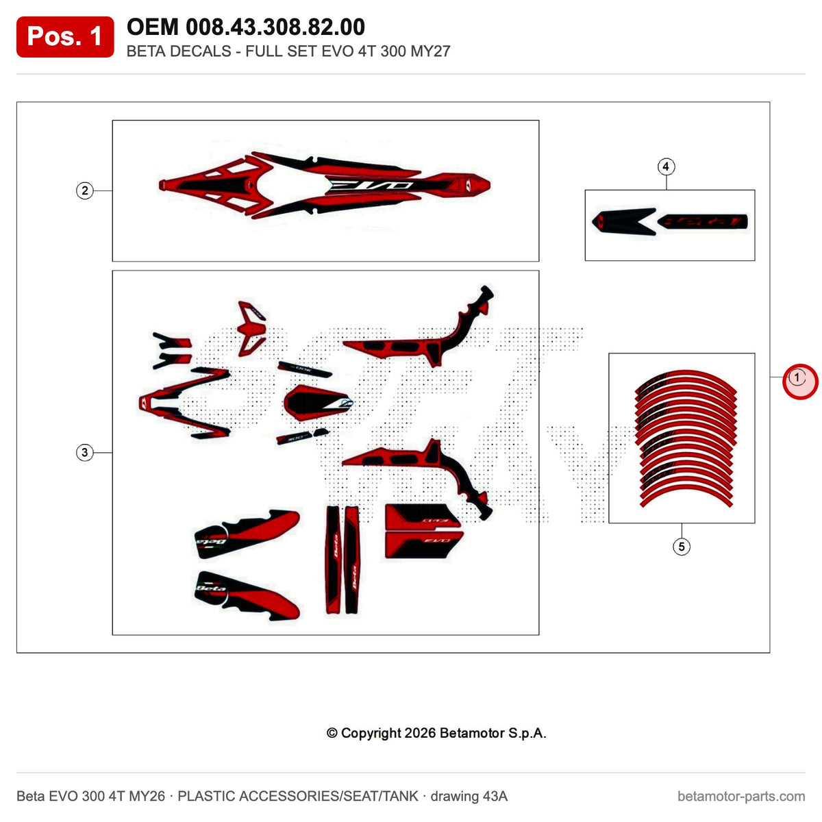 BETA DECALS - FULL SET EVO 4T 300 MY27 – OEM 008.43.308.82.00, position 1 on the Beta EVO 300 4T MY26 plastic accessories/seat/tank drawing