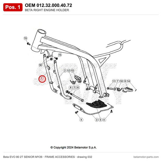 BETA RIGHT ENGINE HOLDER – OEM 012.32.000.40.72, position 1 on the Beta EVO 80 2T SENIOR MY26 frame accessories drawing