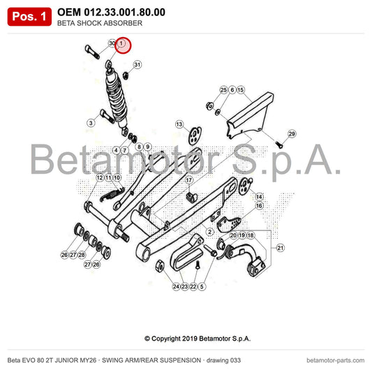 BETA SHOCK ABSORBER – OEM 012.33.001.80.00, position 1 on the Beta EVO 80 2T JUNIOR MY26 swing arm/rear suspension drawing