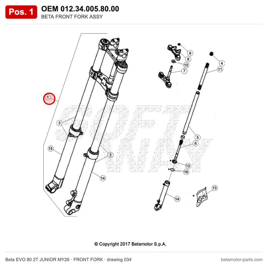BETA FRONT FORK ASSY – OEM 012.34.005.80.00, position 1 on the Beta EVO 80 2T JUNIOR MY26 front fork drawing
